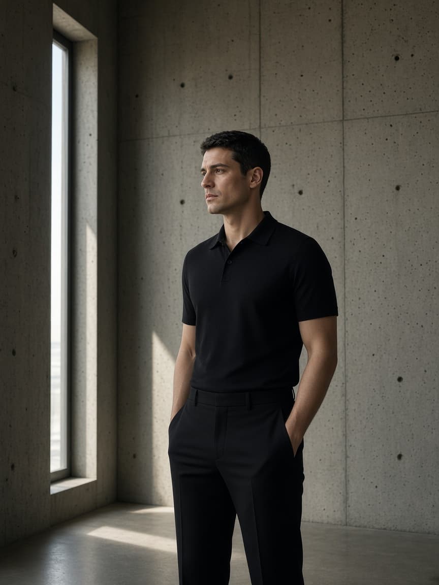 FORM 1 — PROFESSIONAL POLO. A man in the black modern uniform, standing in a concrete interior.